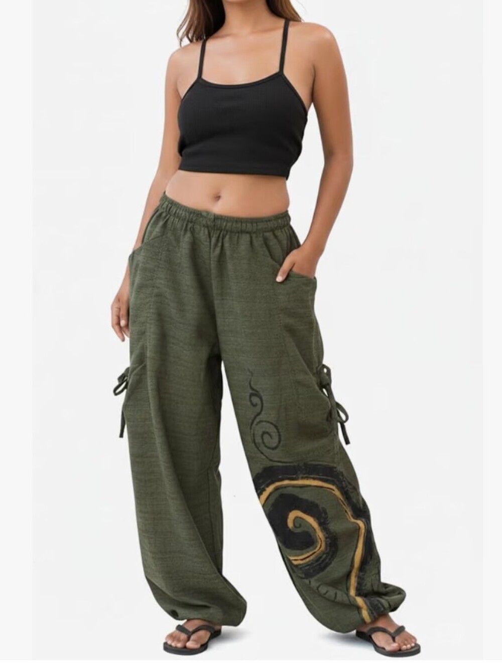 Thaluta Thai Cotton Baggy Harem Pants Swirl Pattern Green One size Indie